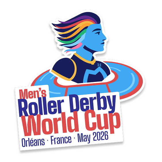Buste d'une personne à la peau bleue et aux cheveux arc-en-ciel, au milieu d'une piste de roller derby